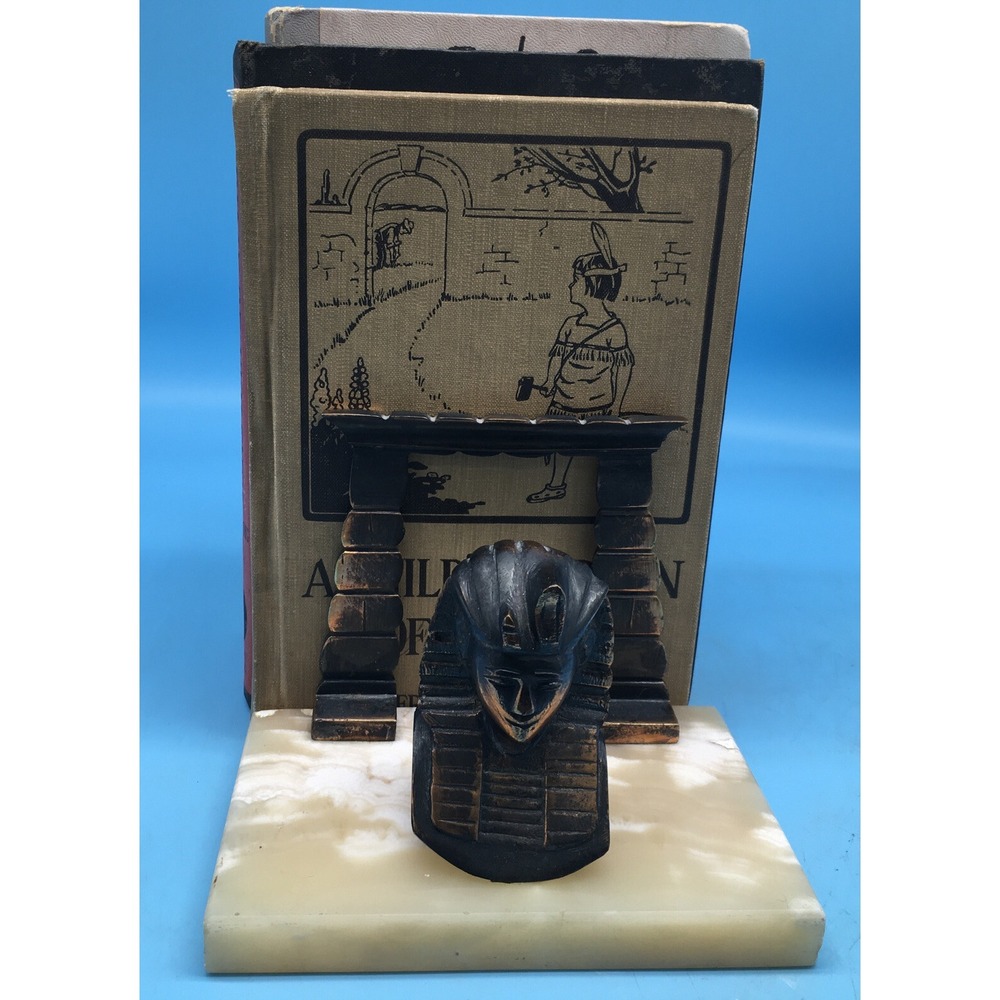 Brass Egyptian head Bookends On Blond Marble Base - Picture 5 of 10